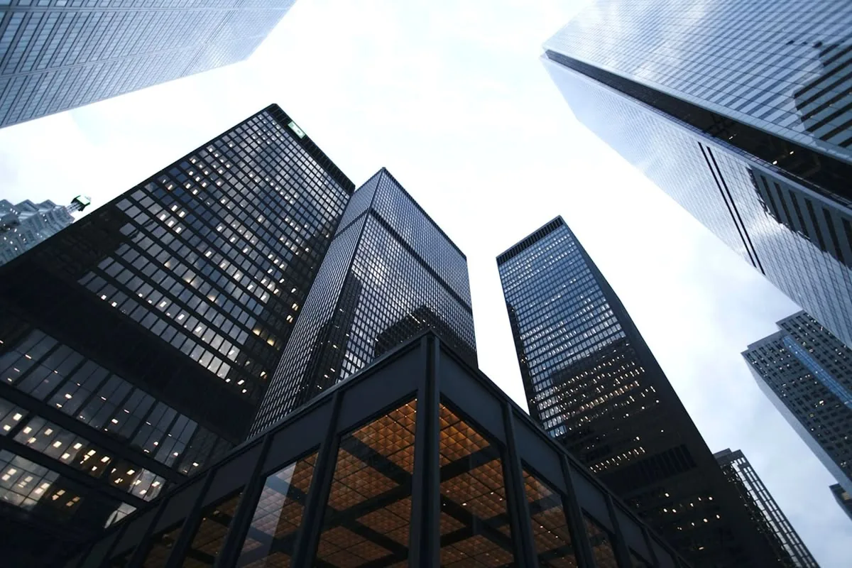 Modern premium commercial buildings viewed from below